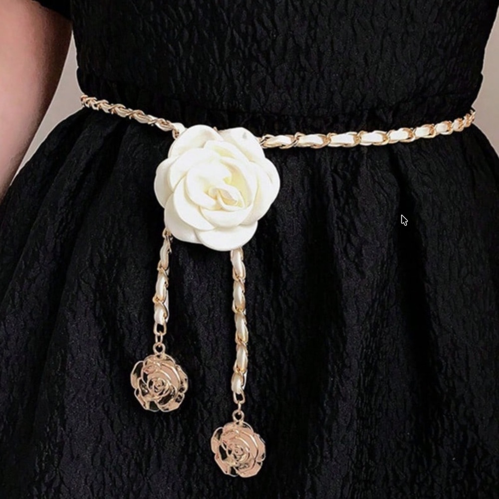 Classic Vegan Leather Gold Tone Chain Flower Belt